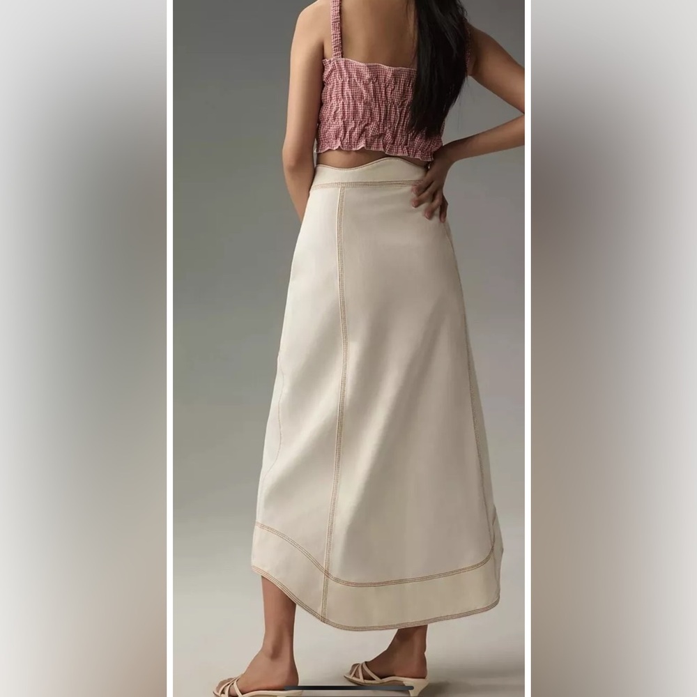 Anthropologie Farm Rio Denim Wave Maxi Skirt Button Up Side Pockets Ivory - Picture 3 of 6
